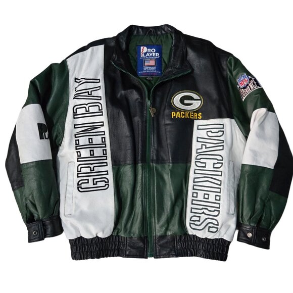 Pro Player Vintage Green Bay Packers Rare Vintage 90s Leather Jacket Size Large - Picture 1 of 16